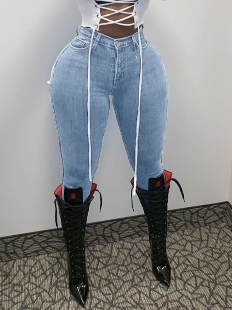 

LW Plus Size Mid Waist Ripped Jeans, Baby blue