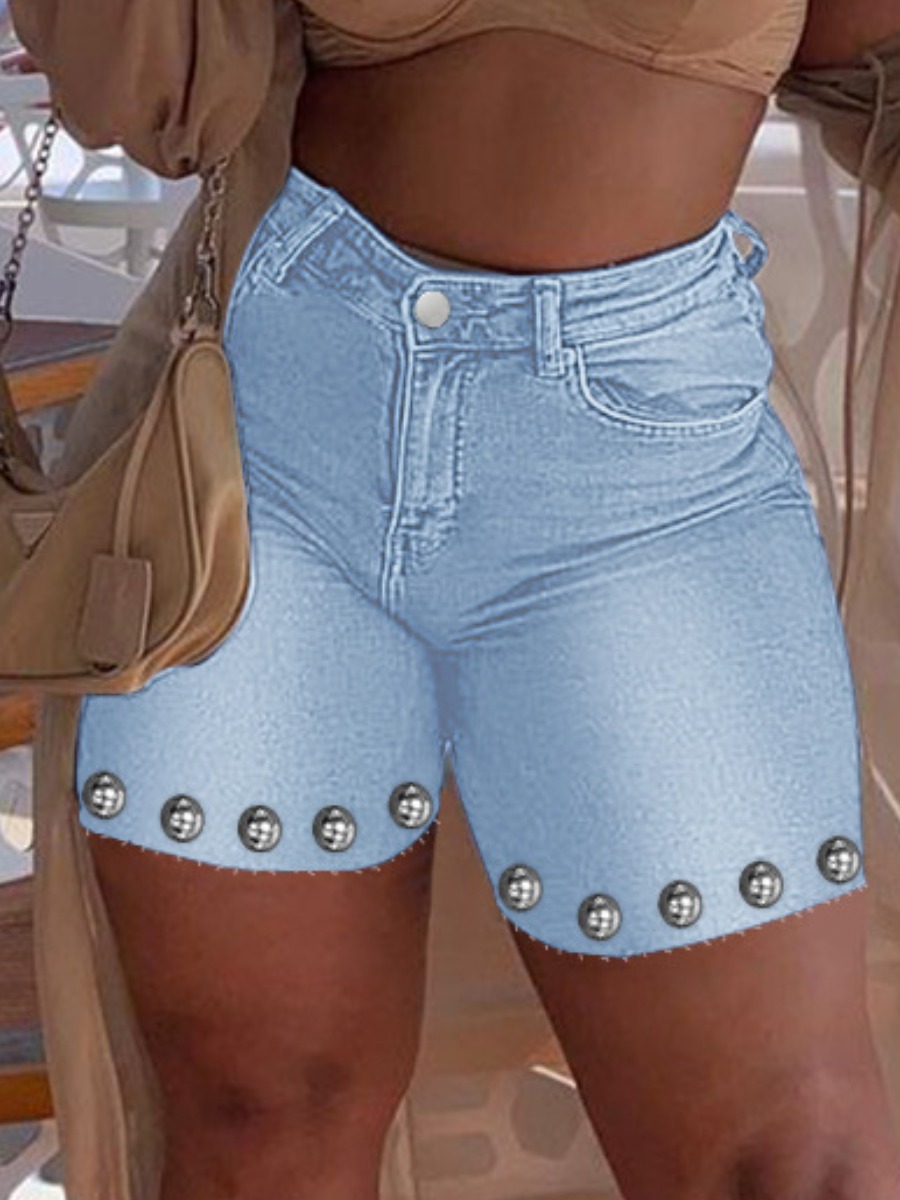 

LW Raw Edge Rivet Decor Denim Shorts, Baby blue