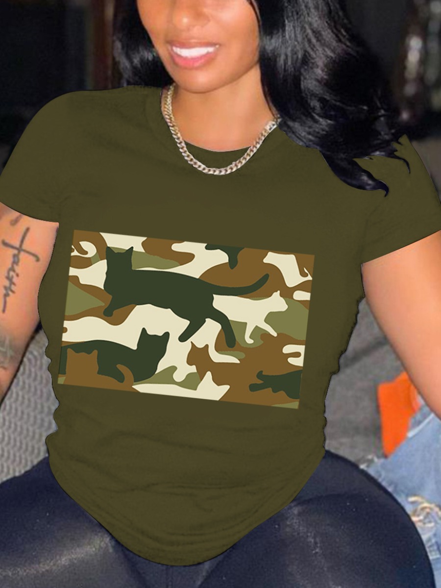 

LW Round Neck Camo Print T-shirt, Army green