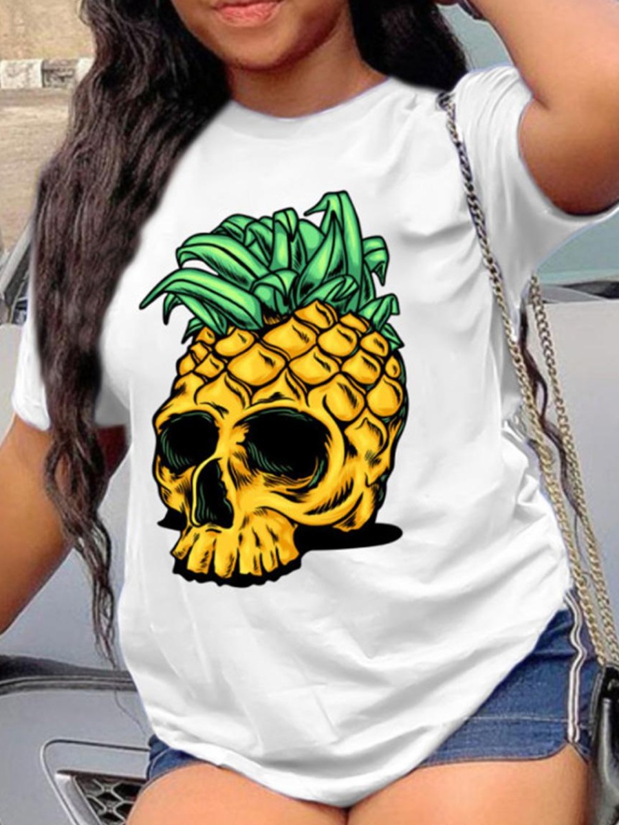 

LW Plus Size Round Neck Skull Head Print T-shirt, White