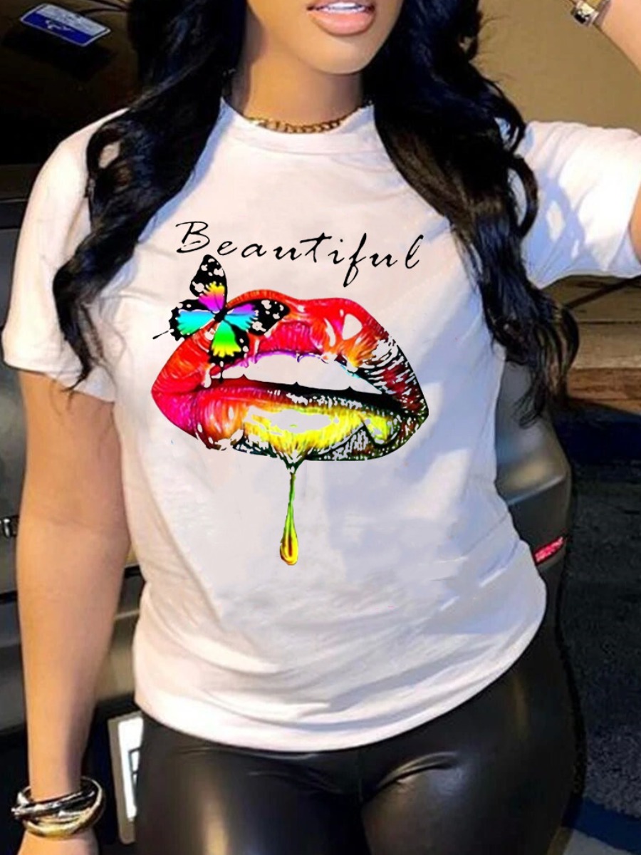 

LW Plus Size Letter Lip Print T-shirt, White
