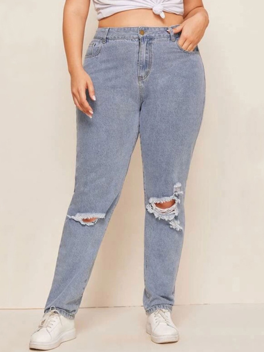 

LW Plus Size Mid Waist Ripped Jeans, Baby blue