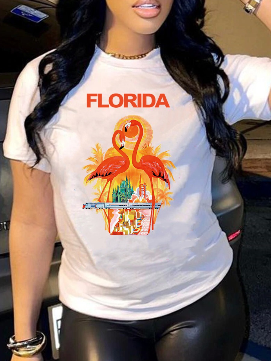 

LW Plus Size Flamingo Letter Print T-shirt, White
