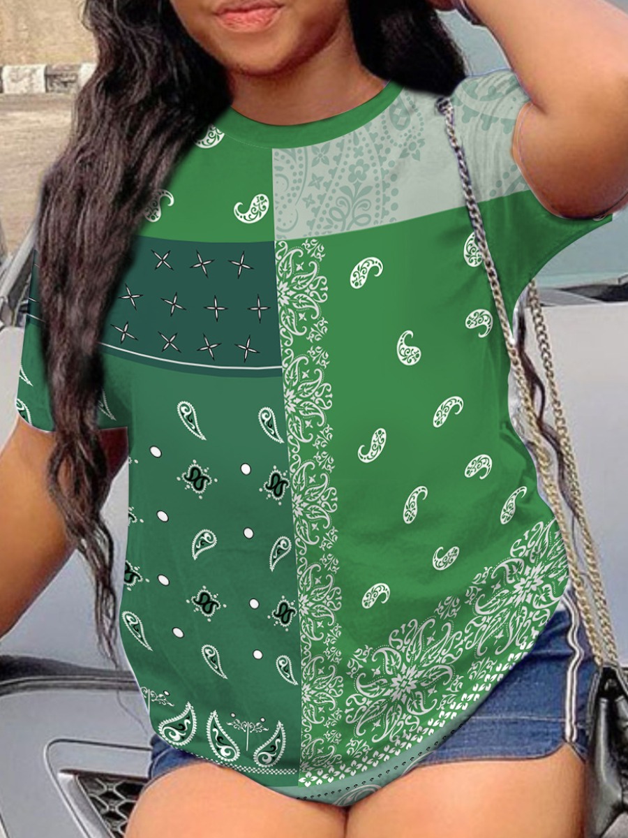 

LW Cashew Print Patchwork T-shirt, Grass green