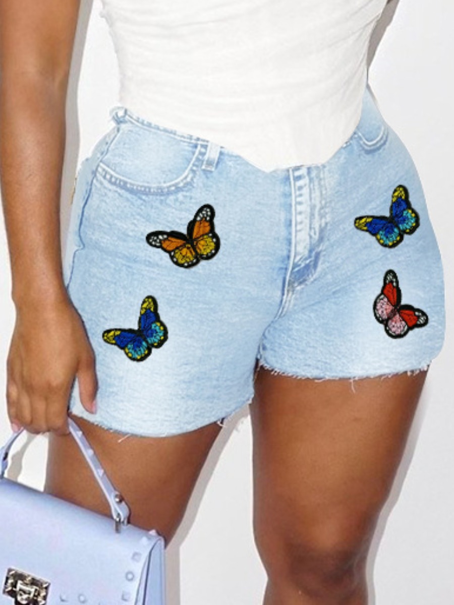 

LW Butterfly Print Raw Edge Denim Shorts, Baby blue
