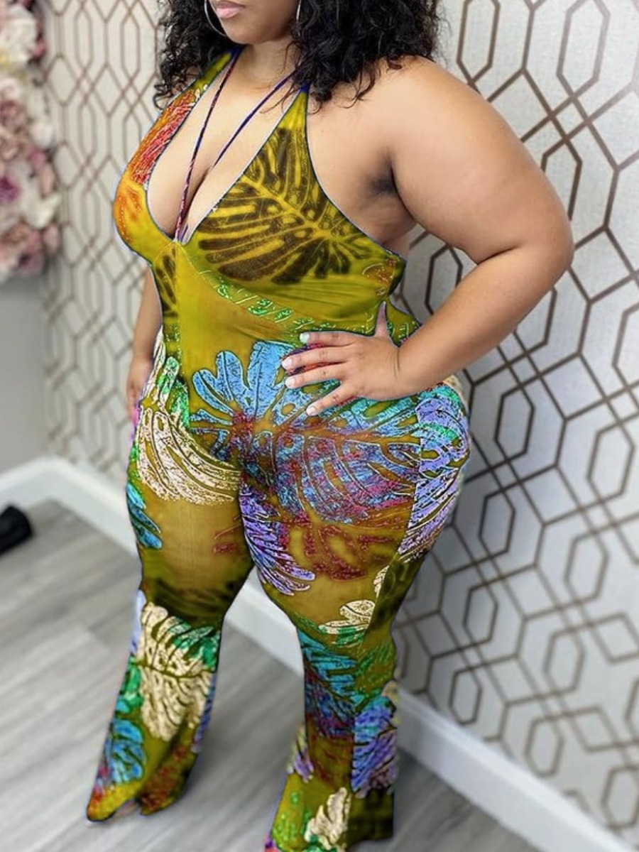 

LW Plus Size Mixed Print Backless Jumpsuit, Multi