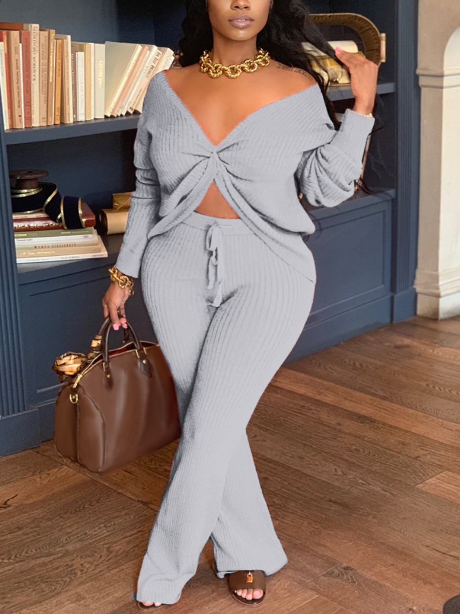 

LW Plus Size Rib-Knit Front Twist Pants Set, Grey