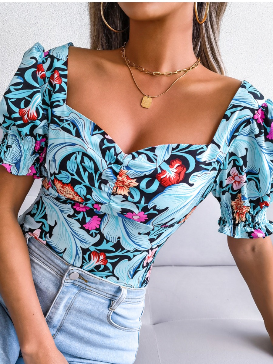 

LW Puff Sleeve Floral Print Blouse, Blue