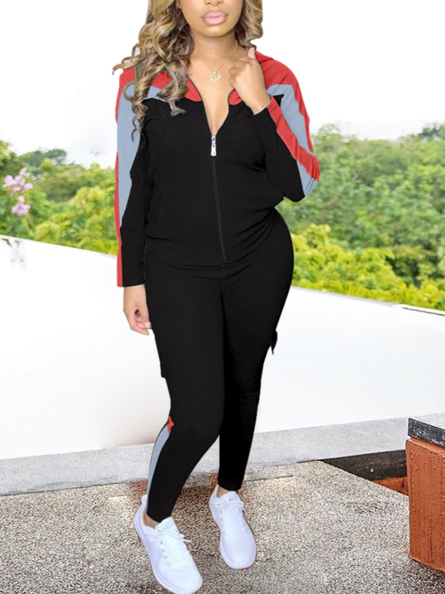 

LW Hooded Collar Side Pocket Tracksuit Set, Black