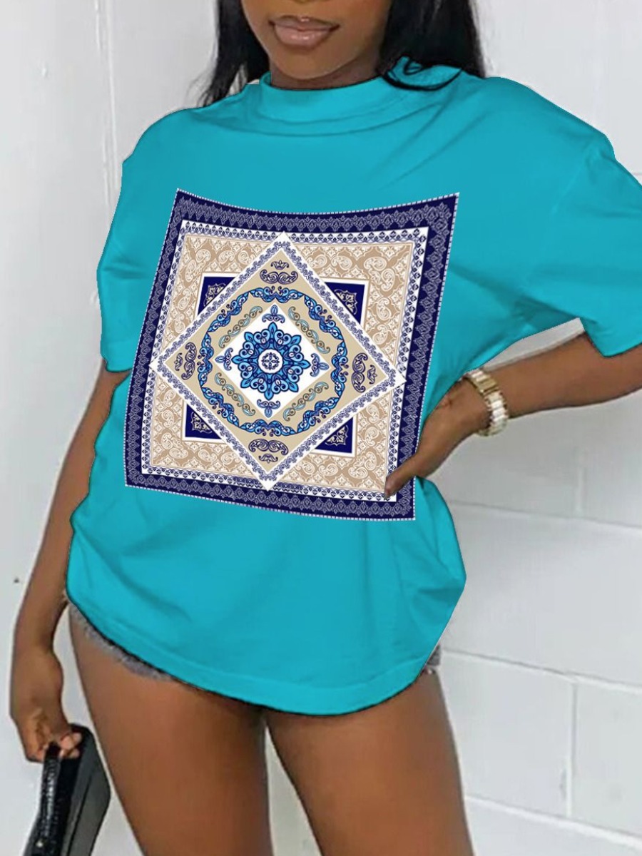 

LW Round Neck Geometric Print T-shirt, Blue