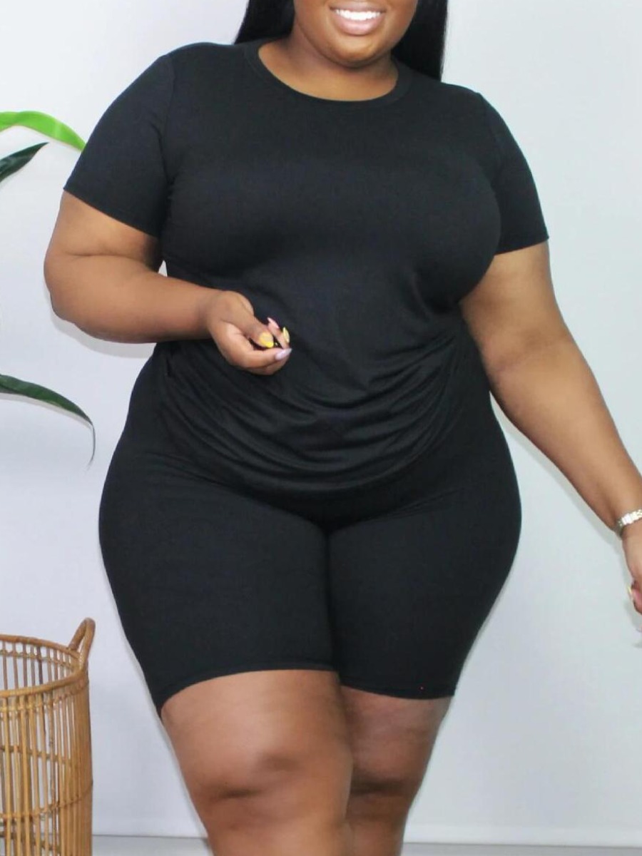 

LW BASICS Plus Size Round Neck Regular Fit Shorts Set, Black