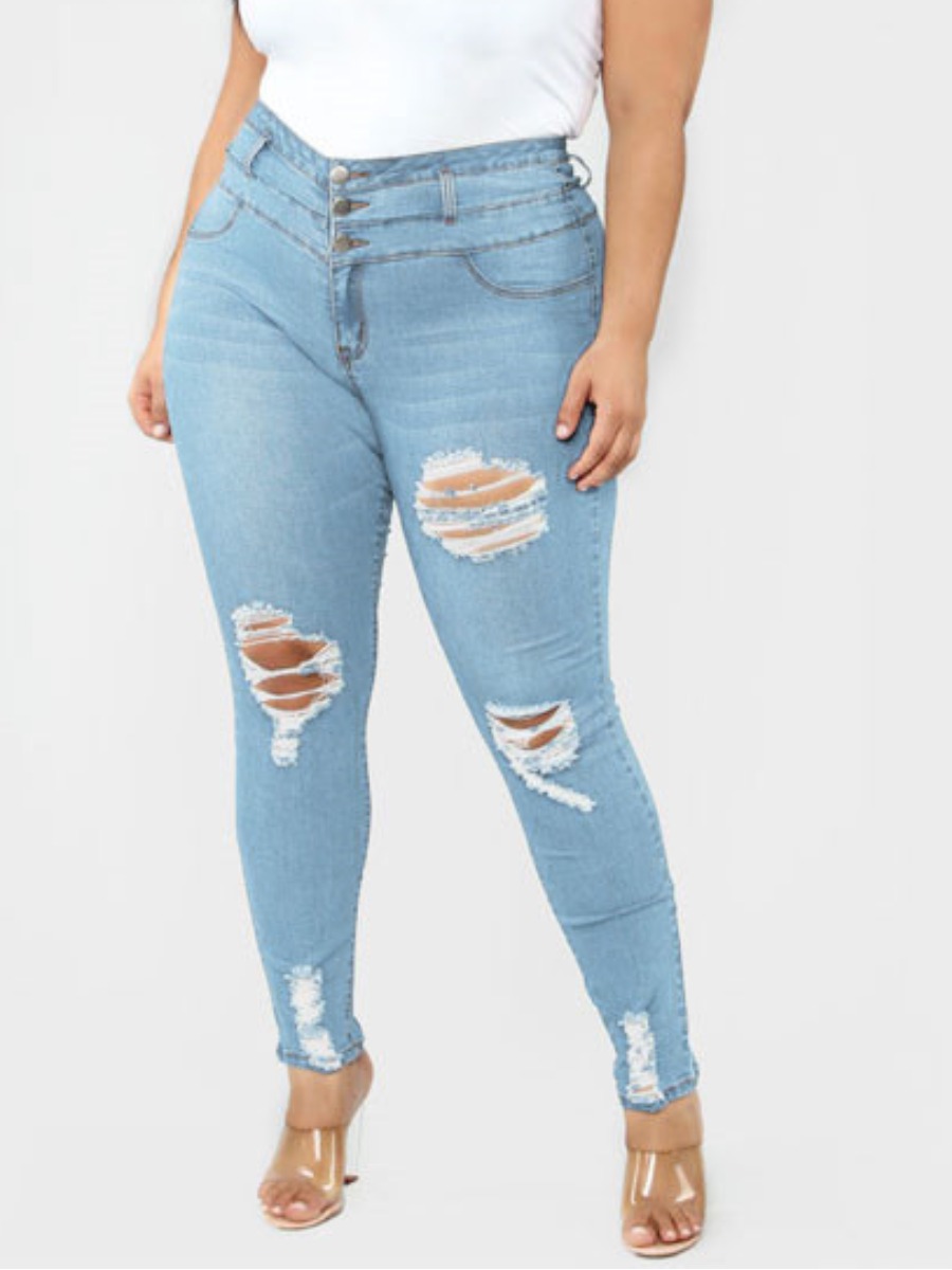 

LW Plus Size Mid Waist Stretchy Ripped Jeans, Baby blue
