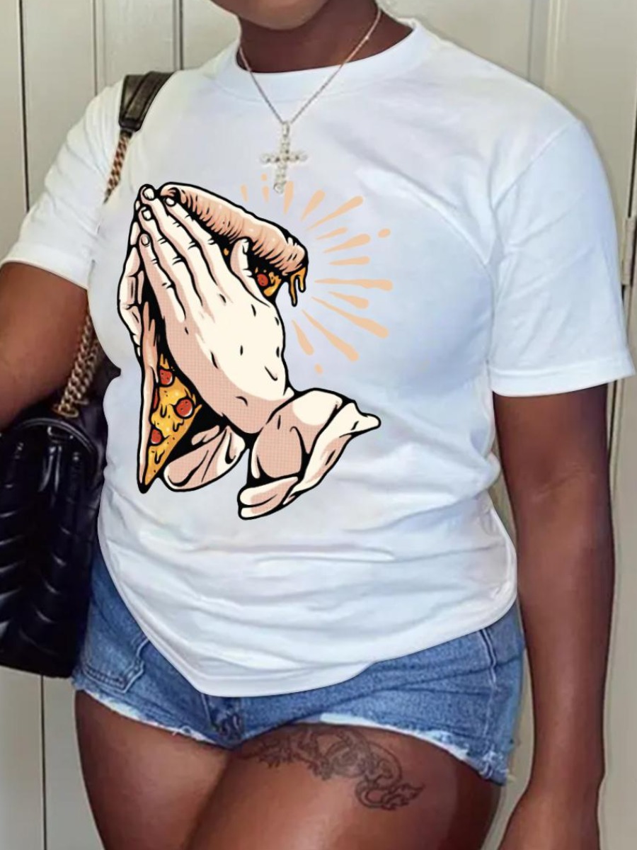 

LW Plus Size Round Neck Pizza Print T-shirt, White