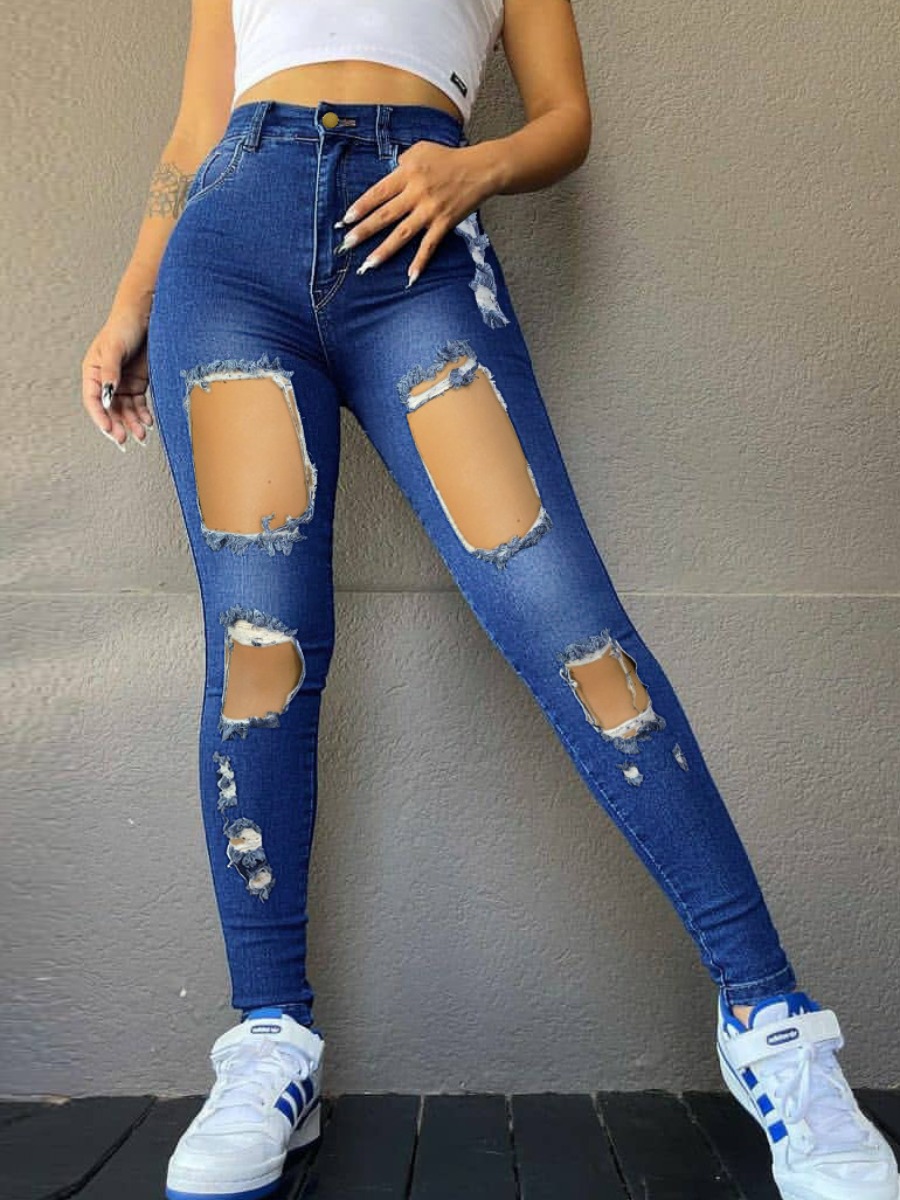 

LW Ripped High Stretchy Jeans, Blue