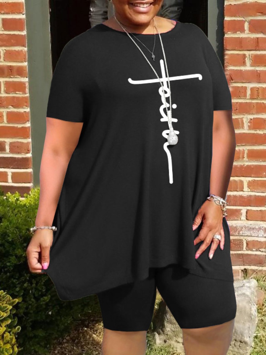 

LW Plus Size Round Neck Letter Print Loose Shorts Set, Black