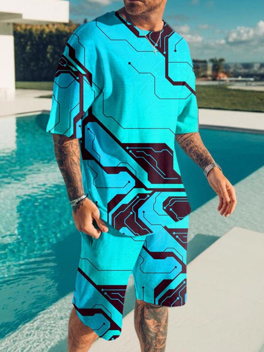 

LW Men Round Neck Geometric Print Shorts Set, Blue