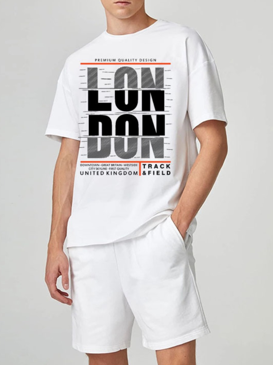 

LW Men Letter Print Drawstring Shorts Set, White