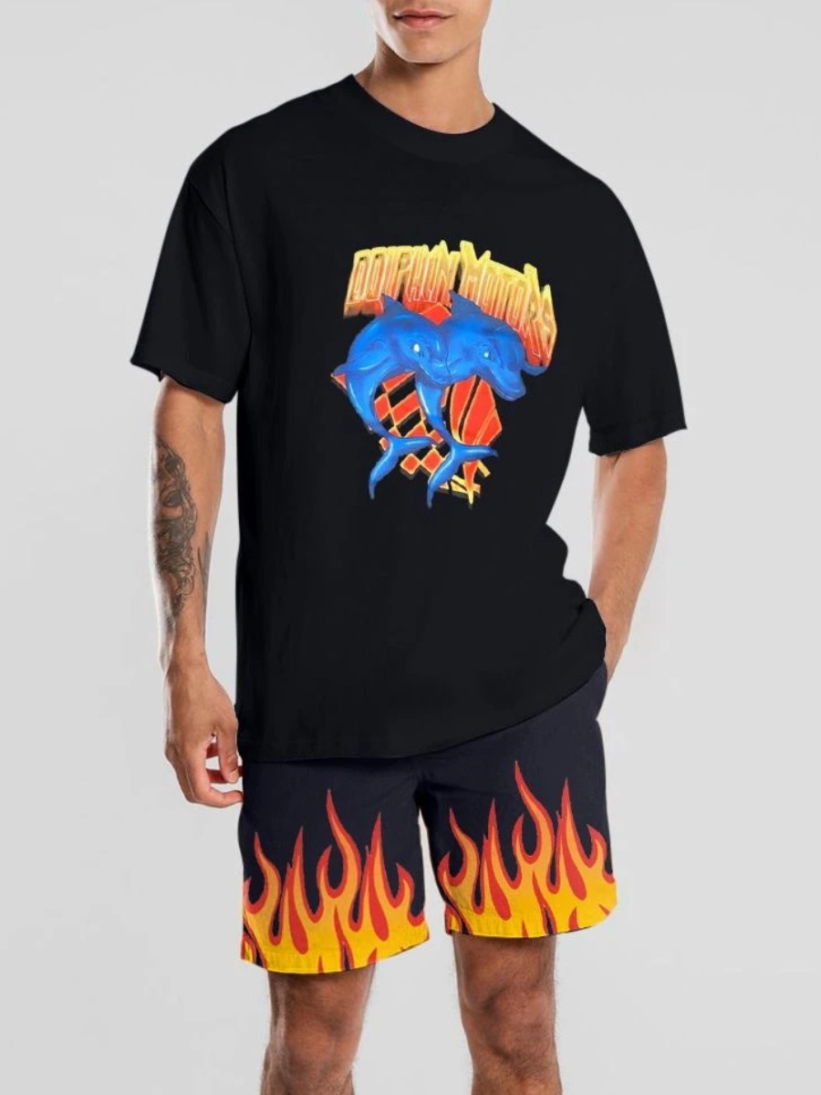 

LW Men Flame Letter Print Shorts Set, Black