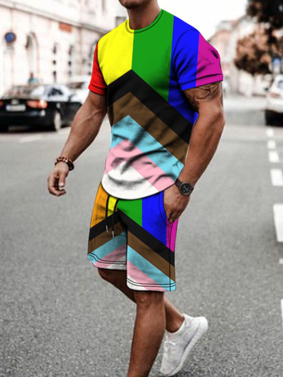 

LW Men Geometric Print Patchwork Shorts Set, Multi