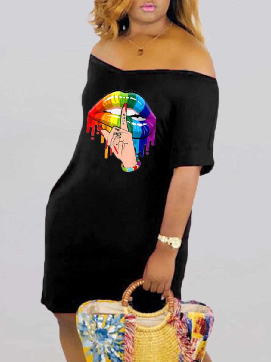 

LW Off The Shoulder Lip Print Dress, Black