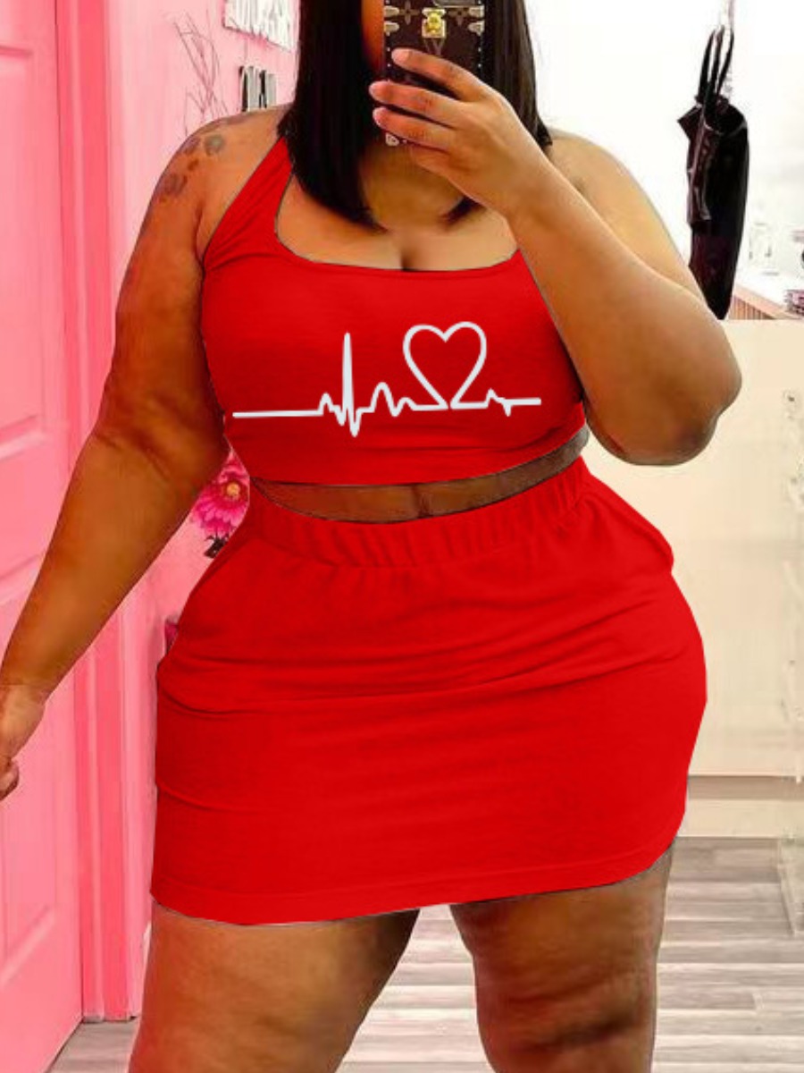 

LW Plus Size Cami Heart Print Skirt Set, Red