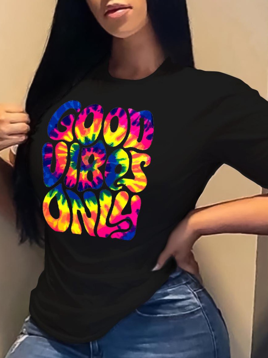 

LW Plus Size Letter Print Tie-dye T-shirt, Black
