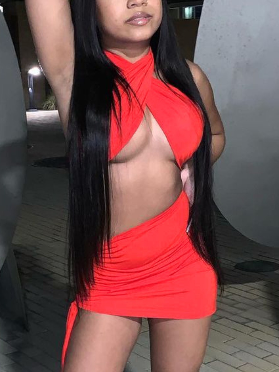 

LW Backless Cross Straps Ruched Skirt Set, Red