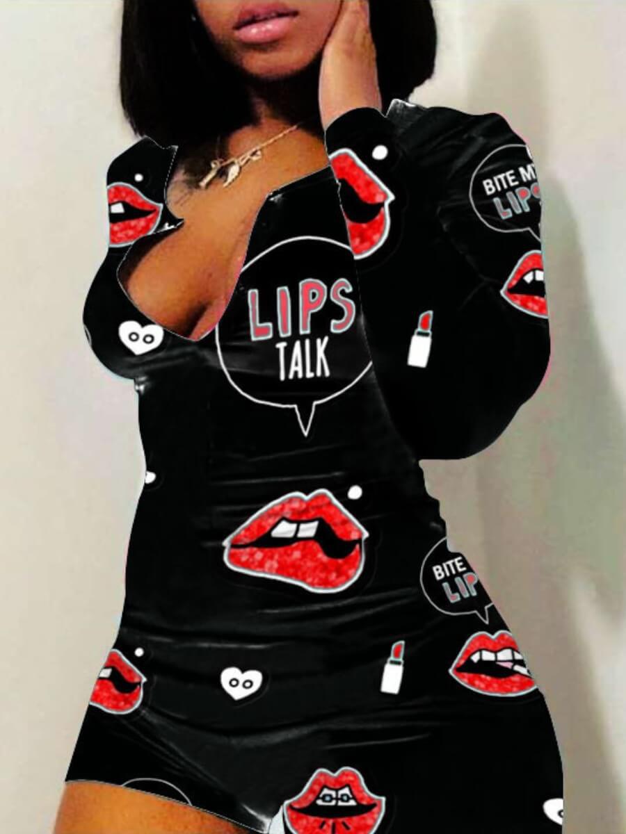 

LW Plus Size Lip Letter Print Shorts Set, Black