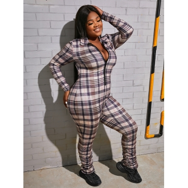 

LW Plus Size Plaid Print Stacked Jumpsuit, Black and white grey