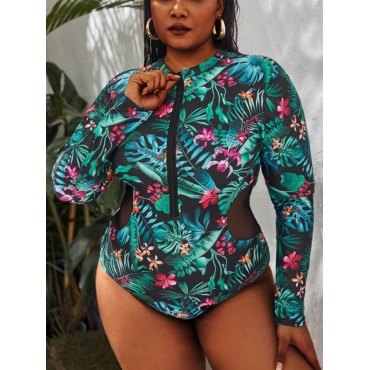 

LW Plus Size Floral Print See-through One-piece Swimsuit, Green