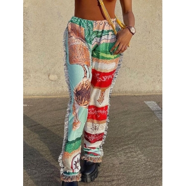 

LW Tassel Design Patchwork Pants, Green