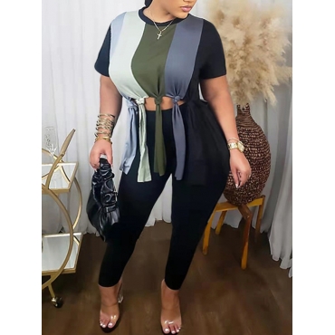 

LW Plus Size Striped Tassel Design Pants Set, Black