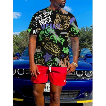 

LW Men Letter Print Patchwork T-shirt, Black