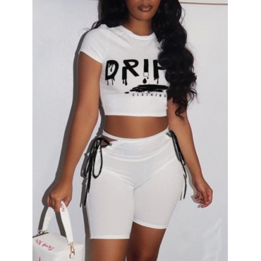 LW Chic Letter Print Bandage Hollow-out Design White Two Piece Shorts Set от Lovelywholesale WW