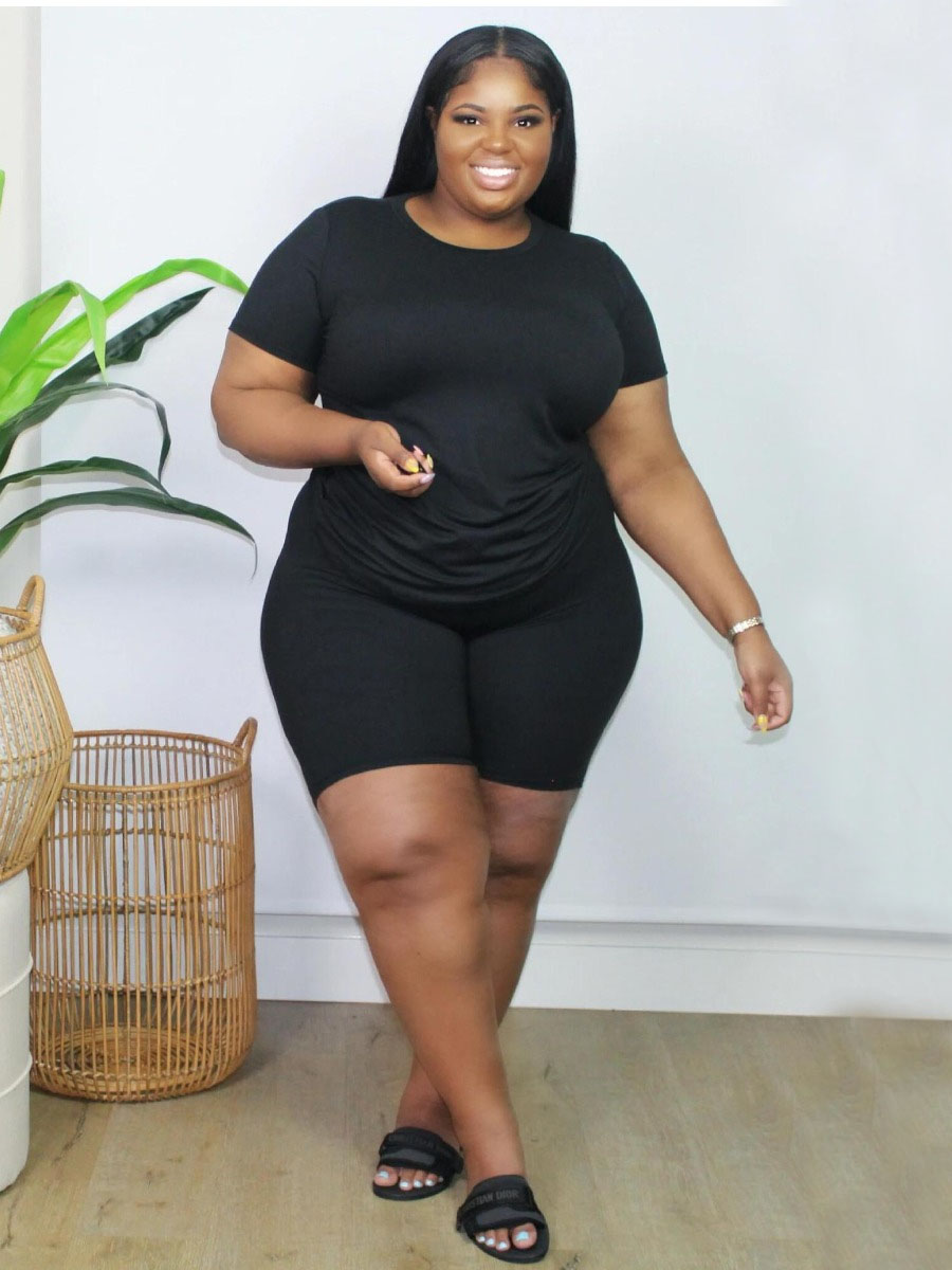 LW BASICS Plus Size Round Neck Regular Fit Shorts Set
