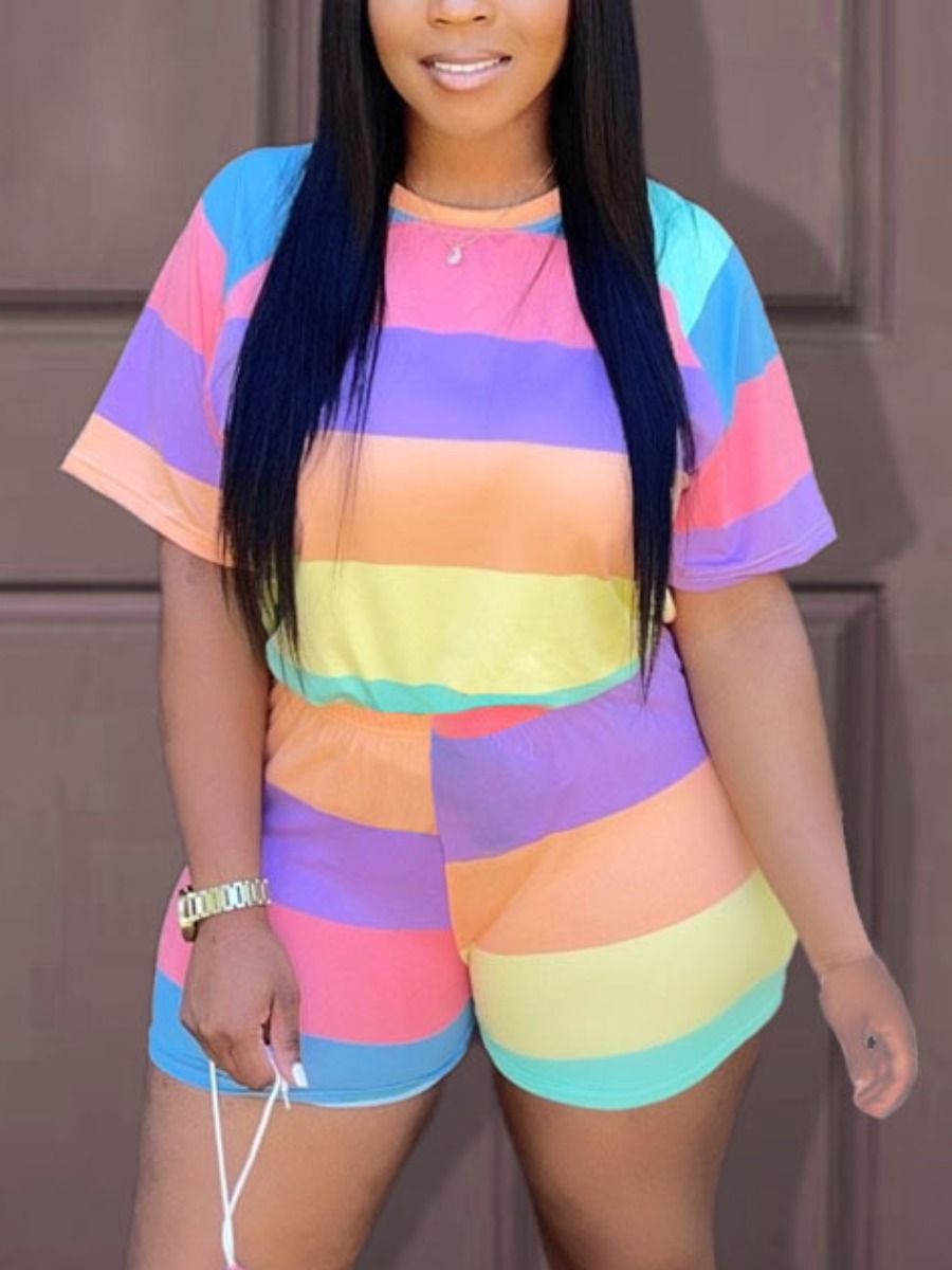 

LW Plus Size Round Neck Striped Shorts Set, Multicolor mstn