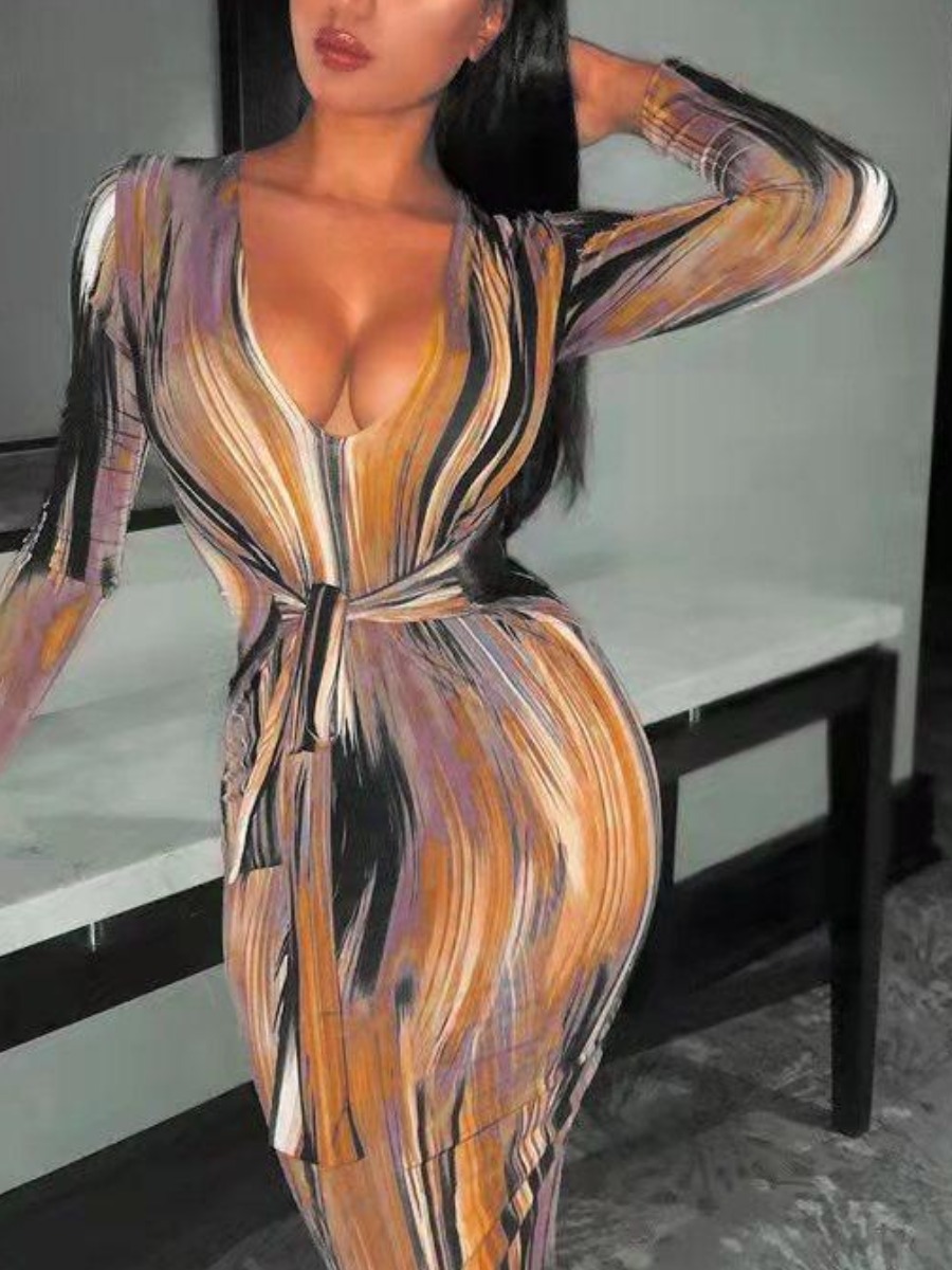 

LW V Neck Mixed Print Bodycon Dress, Yellow