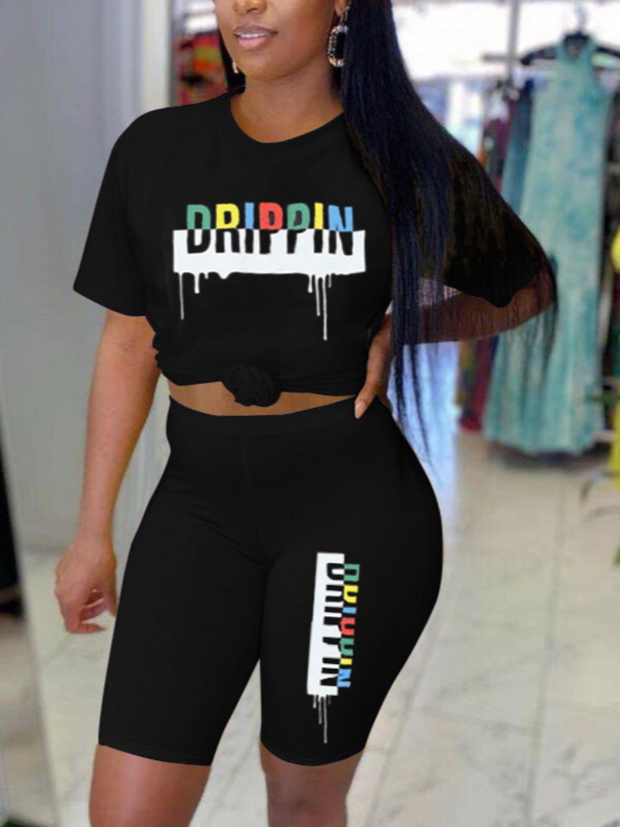 

LW COTTON Round Neck Letter Print Shorts Set, Black