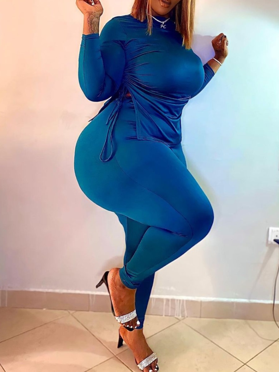 

LW Plus Size Drawstring Split Pants Set, Blue