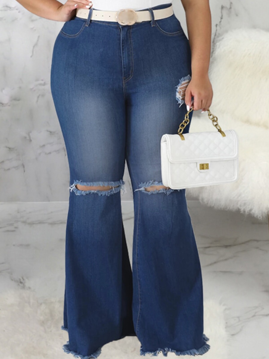 LW Plus Size Trendy Broken Holes Blue Jeans