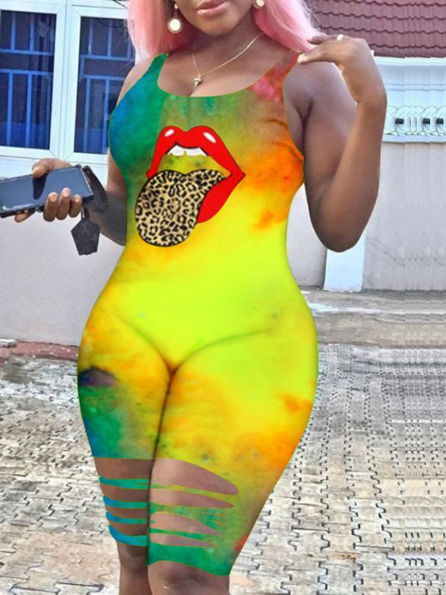 

LW Plus Size Lip Print Tie-dye Ripped Romper, Yellow