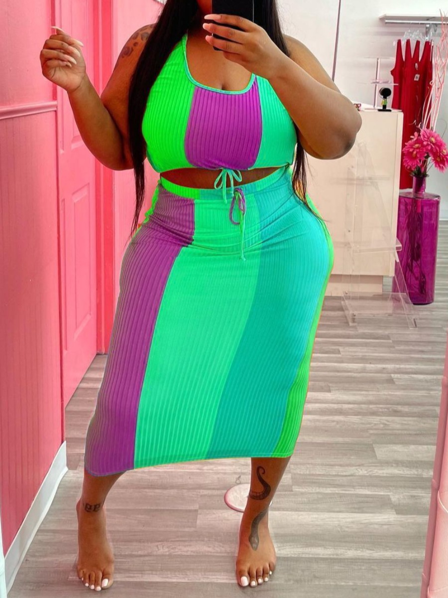 

LW Plus Size Rib-Knit Striped Drawstring Skirt Set, Cyan