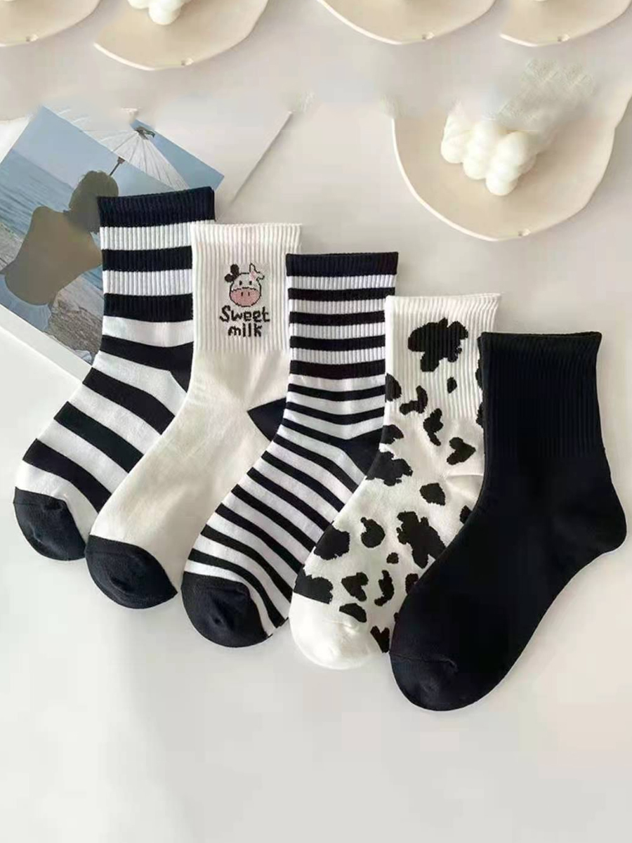 

LW COTTON 5-piece Striped Letter Print Socks, Cow grain