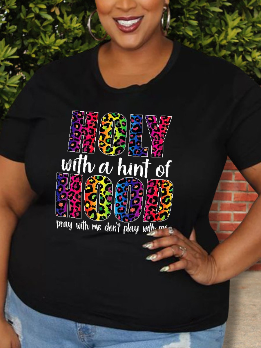 

LW BASICS Plus Size Leopard Letter Print T-shirt, Black