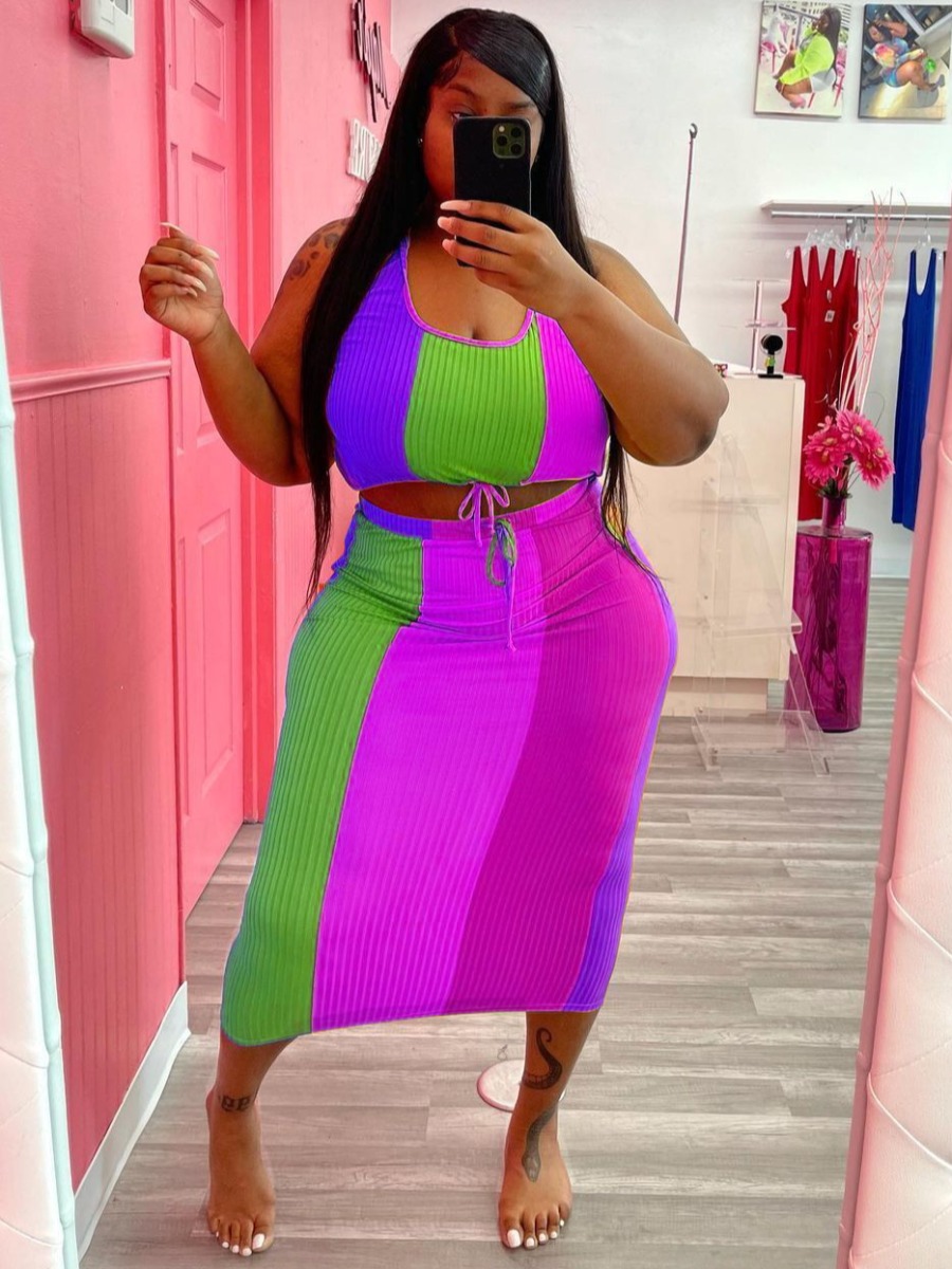 LW Plus Size Rib-Knit Striped Drawstring Skirt Set