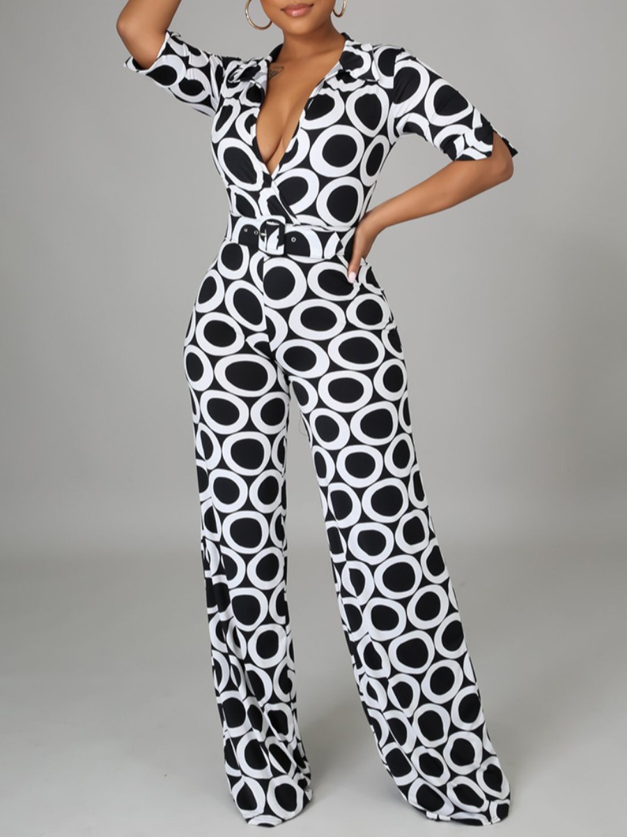 

LW Geometric Print Wide Leg Jumpsuit, Black and white