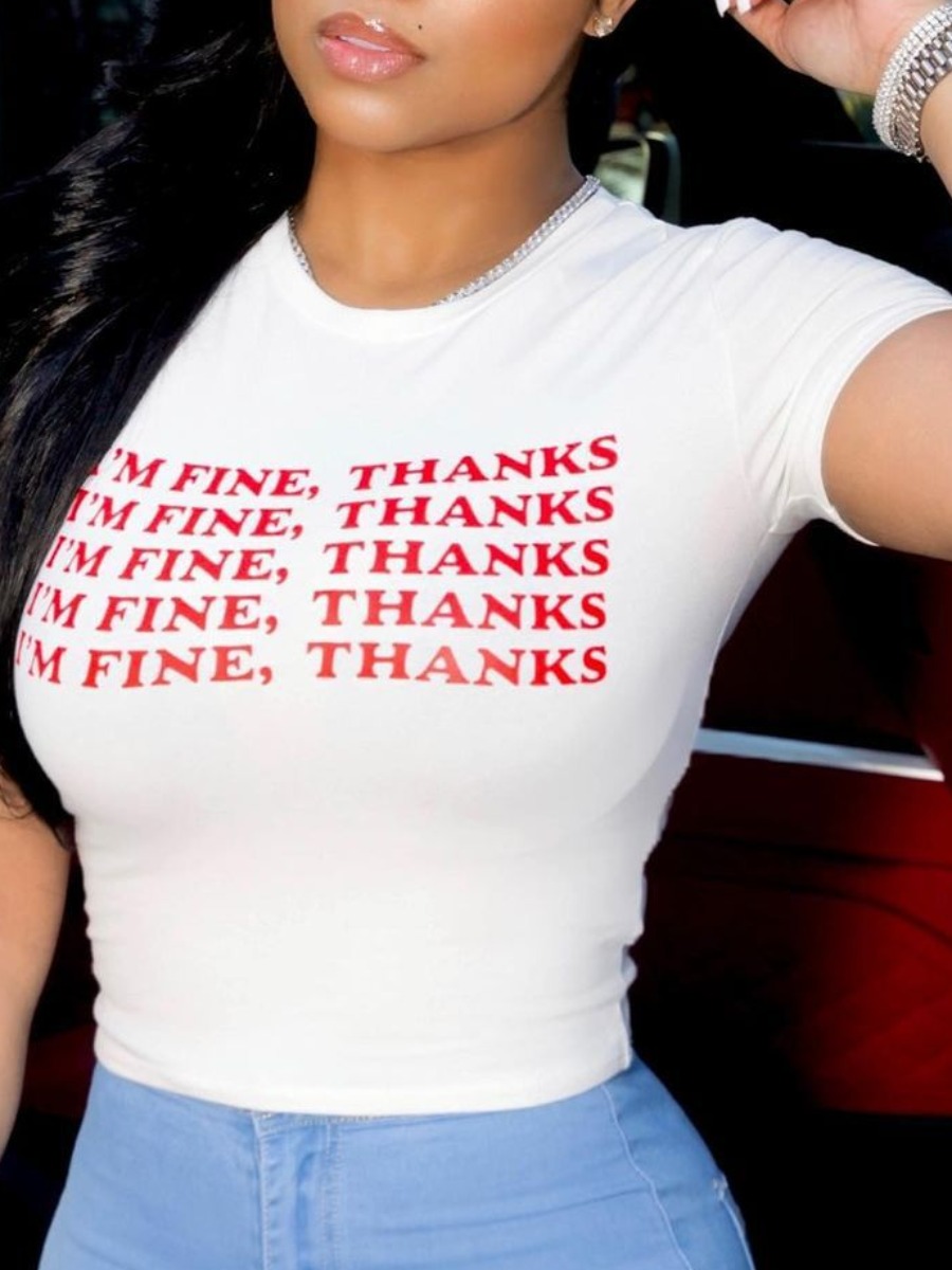 

LW Plus Size Round Neck Letter Print T-shirt, White