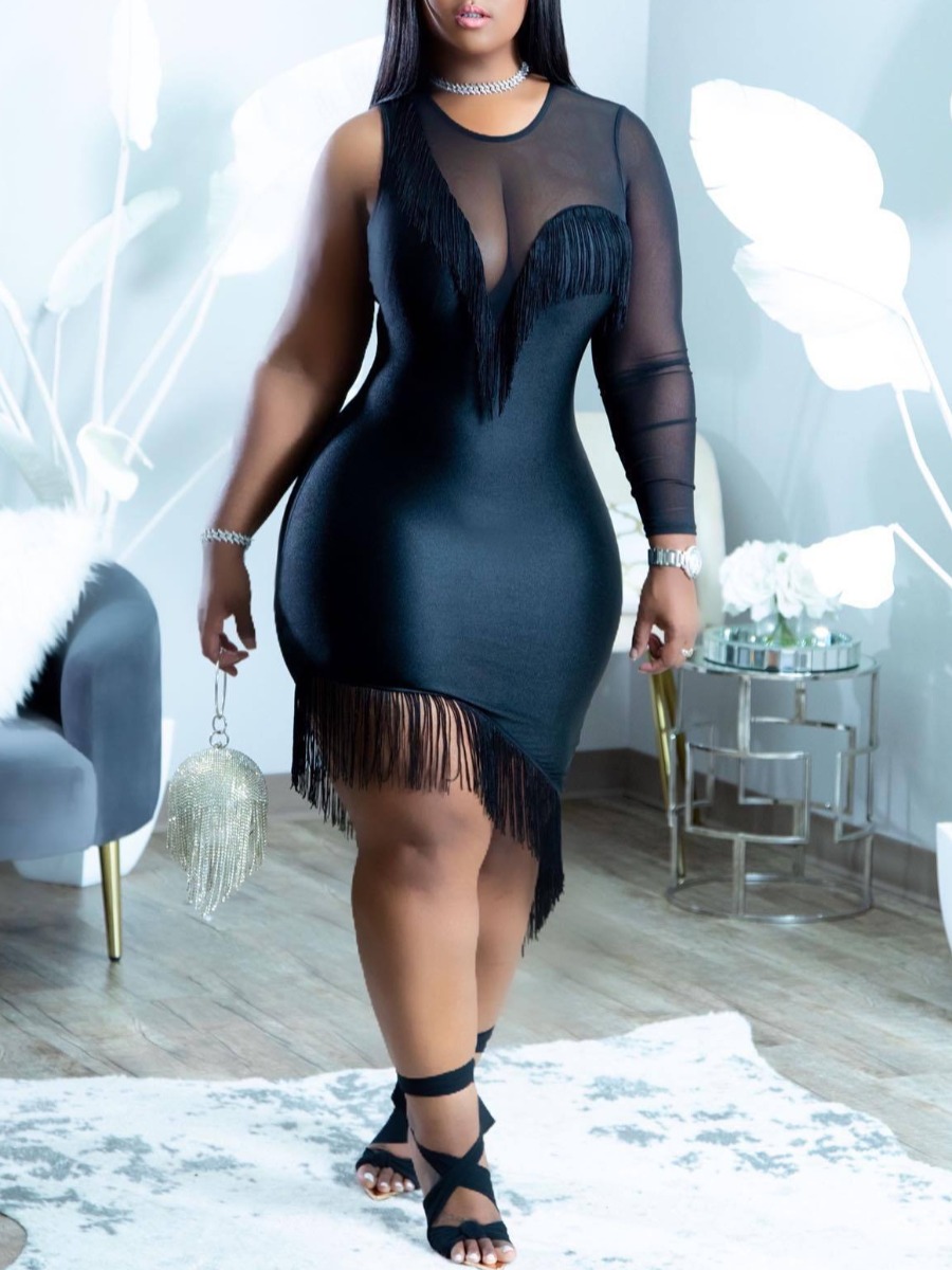 

LW Plus Size Tassel Design See-through Bodycon Dress, Black