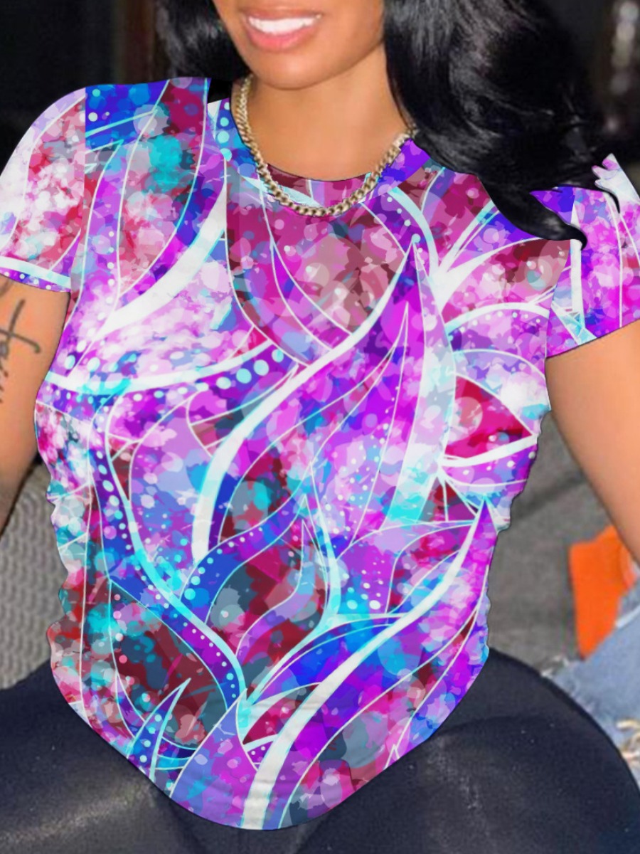 

LW Plus Size Round Neck Mixed Print T-shirt, Multi