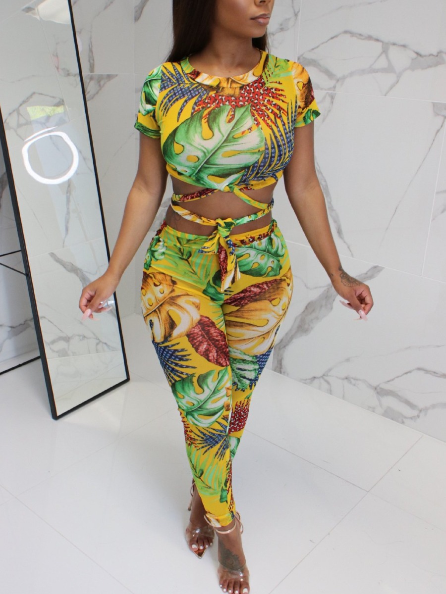 

LW Floral Print Bandage Design Pants Set, Yellow
